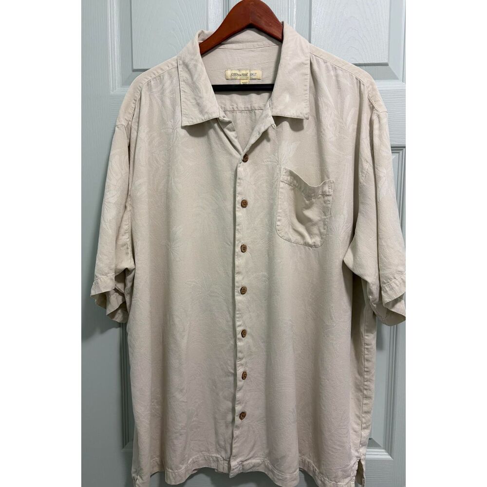 Vintage Joseph & Feiss 100$ Silk Camp Shirt Cream Ivory leaf Jacquard  Size 3XL